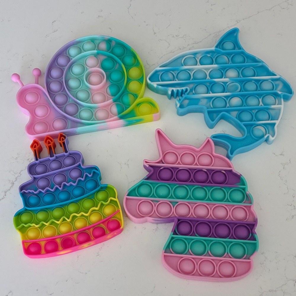 Colorful Pop It Fidget Toy Set of 4- Snail, Shark, Birthday Cake, Unicorn